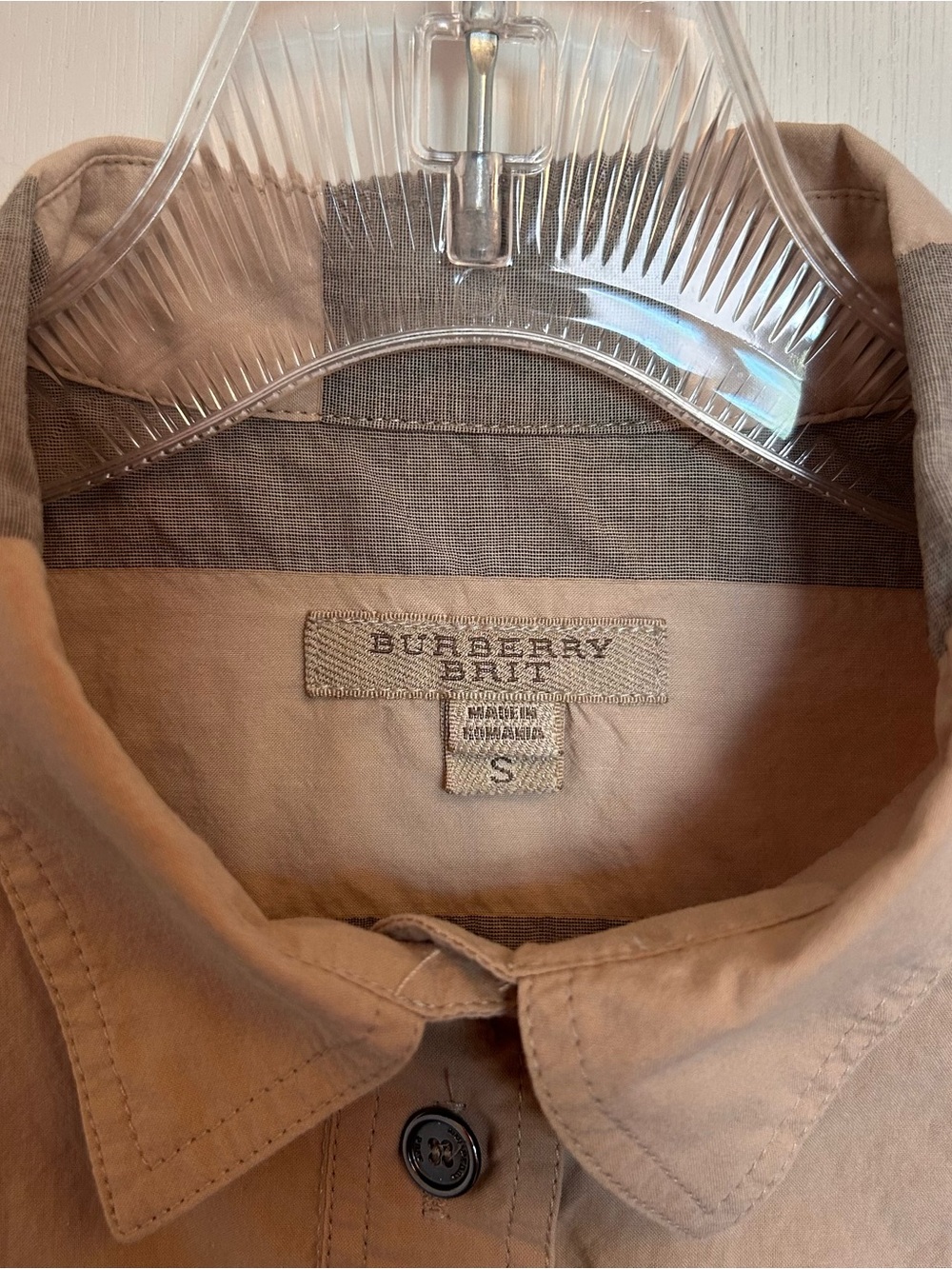 Burberry Brit Tan Button-Front Popover Shirt with Gray Trim - Picture 2 of 6